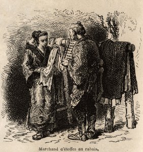 Alennusliinakauppias tekee artikkelin nuorelle naiselle, joka kantaa taaperoaan selässään. Kaiverrus havainnollistamaan matkaa Japaniin, Aime Humbert, Sveitsin valaliiton ministeri, 1863-1864, julkaistu "" le tour du monde" -lehdessä, ohj. tekijältä Unknown artist