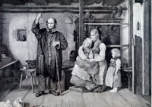 Lääkäri tutkii pullon, luultavasti virtsapullon, käydessään äidin ja hänen kahden lapsensa luona köyhyydessä (kaiverrus) tekijältä Unknown artist