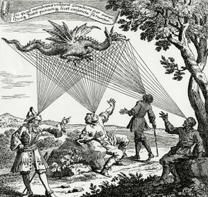Lohikäärme nähtynä eri näkökulmista, joka perustuu Zahnin "Oculus mesterségesis teledioptricus" -teoksesta tehtyyn kuparikaiverrukseen. tekijältä Unknown artist