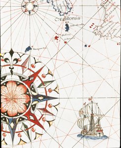 Galleon, joka purjehtii Kalifornian rannikolla (Castellinin portulanin yksityiskohta tekijältä Unknown artist