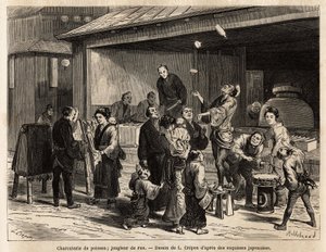 Eloisa kohtaus Edon (Tokio) kadulta, jossa matkustava jonglööri kaladelin edessä ja halpa kangasmyyjä. Kaiverrus havainnollistamaan matkaa Japaniin, Sveitsin valaliiton ministeri Aime Humbert 1863-1864, julkaistu lehdessä "" le to tekijältä Unknown artist