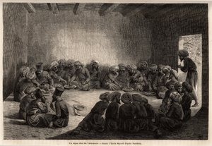 Ateria turkomaanien luona (Irak). Emile Bayardin (1837-1891) piirustus havainnollistamaan matkaa Keski-Aasiaan vuonna 1863, Arminius Vamberyn (unkarilainen tiedemies naamioitunut dervishiin). Kaiverrus kirjassa "" Le tour du monde", toimittanut Edouard Cha tekijältä Unknown artist