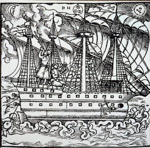 Navigaattori portugalilaisella karavellilla käyttäen astrolabia. Kaiverrus saksalaisen merenkulkijan Hans Stadenin (1525-1579) matkatarinoista tekijältä Unknown artist