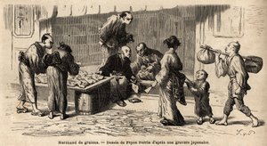 Siemenkauppias keskellä katua. Kaiverrus havainnollistamaan matkaa Japaniin vuosina 1863-1864, Sveitsin valaliiton ministeri Aime Humbert Edouard Chartonin johdolla julkaistussa "Le tour du monde, nouveau journal des voyages" -julkaisussa. tekijältä Unknown artist