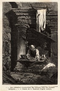 Suutari, joka perusti myymälänsä ja työskentelee muinaisissa raunioissa. Engravure pour illustrrer le voyage à Rome, Francis Wey, 1864-1868, julkaistu "" Le tour du monde""" 1869, toimittanut Edouard Charton, painos Hachette, Paris. Selva Collection. tekijältä Unknown artist