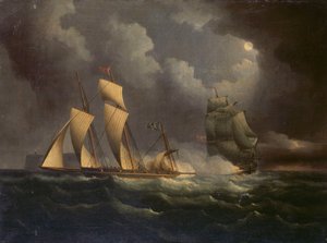 Laivaston priki jahtaa salakuljetuslaivaa, noin 1825 (öljy kankaalle). tekijältä Unknown artist