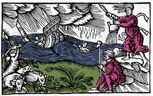 Noita aiheuttaa myrskyn Olaus Magnuksen "Historia de gentis septentrionalibus" jälkeen, Rooma 1555 tekijältä Unknown artist