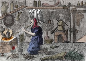 Noita laboratoriossaan valmistamassa taikajuomaa, aivan sarvia täynnä taikayrttejä. Kaiverrus 1500-luvulta tekijältä Unknown artist