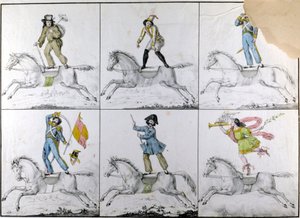 Taitolento: Akrobaattiset harjoitukset hevosen selässä. Kaiverrus tekijältä Unknown artist