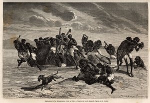 Otettuaan osuutensa ja Hamran-heimon johtajalle kuuluvan osuuden, joukko taistelee julmasti jäljellä olevista kappaleista. Sir Samuel W. Bakerin kaiverrus kuvaamaan Niilin Abessinian sivujokien tutkimusta tekijältä Unknown artist