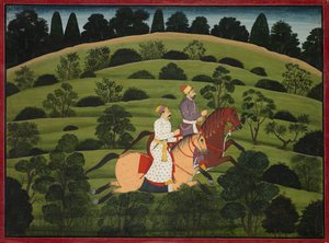 Akrura ratsastaa kohti Dwarkaa, sivu suurelta Basohli Bhagavata Puranalta tekijältä Unknown artist