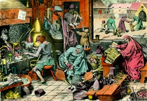 Alchemy Laboratory Alkemisti, joka neuvoo grimoirea. Kaiverrus 1500-luvun yksityiskokoelmasta tekijältä Unknown artist