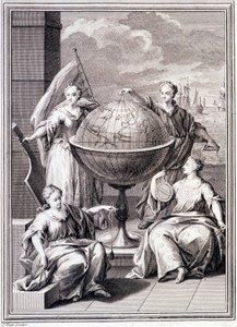 Maailmantutkimuksen allegoria - "Espanjan kuninkaan ritarikunnan tekemä Etelä-Amerikan historiallinen matka", Don Georges Juan ja Don Antoine de Ulloa, Librairie du Roi, Paris tekijältä Unknown artist