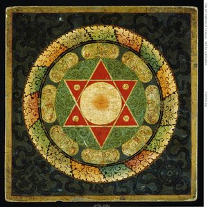 Alttaripöytä, jossa on mandala naispuolisesta tantrisesta valaistuneesta olennosta (Vajrayogini). tekijältä Unknown artist
