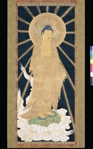 Amitabha (Amida) Triad Descending From Heaven (pigmentti konshilla (sininen riisipaperi)) tekijältä Unknown artist