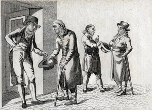 Amone. Kerjäläiset pitävät hattuja kolikoiden vastaanottamiseksi. Kaiverrus 1700-luvulta. Yksityinen kokoelma. tekijältä Unknown artist