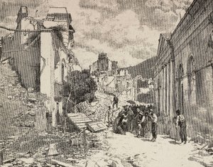 Maanjäristyksen jälkeisten raunioiden keskellä Balliazzin rantalomakohteessa Italiassa. tekijältä Unknown artist
