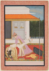 Rakastunut pariskunta, luultavasti Raja Mahendra Pal Basohlista (n. 1806–1813) suosikkikuningattaren kanssa tekijältä Unknown artist