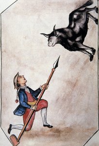 Intiaani, joka osoittaa keihästä härkää, kirjasta "Trujillo of Peru" tai "Codex Martinez Companion", kirjoittaneet Balthazar Martinez Companion ja Bujanda, Trujillon piispa (1782-1785) tekijältä Unknown artist