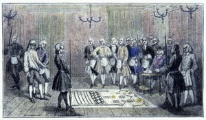 Oppipoikamaja Pariisissa, noin 1740: tämä kohtaus kuvaa "oppipoika" vapaamuurarin vastaanottoa (lattialla maalaus oppipoikamajasta) - aikakauden kaiverruksen mukaan. tekijältä Unknown artist