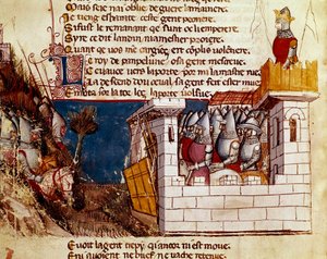 Armeija (Pamplonan kuninkaalta?) turvautuu linnaan ja kiipeää Miniature Levis -sillalle "" Entrree of Spainista"". 1300-luvun Venetsia, Biblioteca Marciana. tekijältä Unknown artist