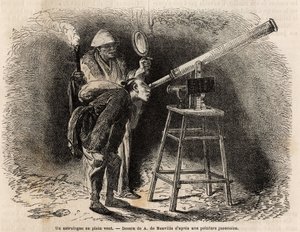 Astrologi tutkii taivasta ulkoilmassa kaukoputkensa avulla. Kaiverrus havainnollistamaan matkaa Japaniin vuosina 1863-1864, Sveitsin valaliiton ministeri Aime Humbert "Le tour du monde, nouveau journal des voyages" -julkaisussa, joka julkaistiin ohjauksell tekijältä Unknown artist