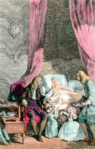 Tarkkailijalääkäri Sairas tai jo kuollut nainen on perheensä ja lääkärin ympäröimä. Lapset ovat kyynelissä. Kaiverrus noin 1780. Pariisi, lääketieteen akatemia tekijältä Unknown artist