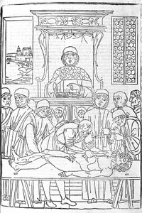 Anatominen dissektio. Kaiverrus Gerolamo Cardanon (Cardanus Hieronymus) lääketieteen tutkielmasta, Firenze tekijältä Unknown artist