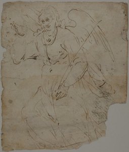 Ilmestysenkeli (etusivu); luonnoksia istuvasta hahmosta sekä Ilmestysenkelin yläosasta ja oikeasta kädestä (kääntöpuoli). tekijältä Unknown artist