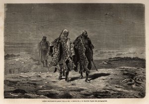 Arabbeduiinit, pantterinnahat ja lampaanvillakauppiaat matkalla Bagdadin (Irak) marssiin. Guillaume Lejeanin kaiverrus havainnollistamaan Babylonin matkaa vuonna 1866 "Le tour du monde, nouveau journal des voyages" -julkaisussa, joka julkaistiin dire tekijältä Unknown artist