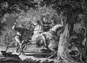 Childeric II:n salamurha, 675: frankkien kuninkaan (noin 653-675) tappoi Lognesin metsässä Bodillon, herra, jonka hän oli ruoskinut. Kaiverrus 1700-luvulta. tekijältä Unknown artist