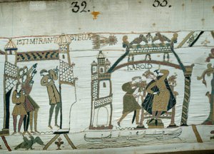 Astrologit raportoivat komeetan (Halley) ilmestymisestä, Haroldin, tuskin Englannin kuninkaan, onnettomuuden painamisesta. Yksityiskohta Bayeux