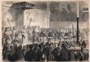 Paavi Pius IX (Pio) (1792-1878) ulkomaalaisille kirkollisille Sikstuksen kappelissa (cappella sistina) Roomassa 26 "Japanin marttyyrin", ristiinnaulitun katolisen ryhmän, kanonisointijuhlissa. Japanissa vuonna 1597 tekijältä Unknown artist