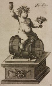 Bacchus tynnyrillä, mannekiini ilotulitteiden laukaisuun, kaiverrus teoksesta Grand Art d