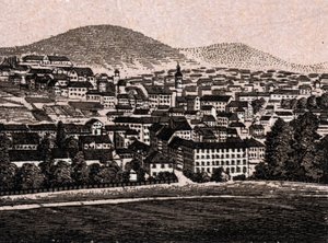 Baden Baden (Baden-Baden), Saksa: näkymä kaupunkiin (yleinen näkymä). kirjassa "" Maailma havainnollistaa 168 näkymää"" Päiväämätön (1800-luvun loppu) tekijältä Unknown artist