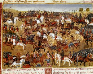 Taistelukohtauksen miniatyyri Quintus Curtius Rufuksen "" Aleksanteri Suuren tosiasioiden kirjasta" (1. vuosisata) tekijältä Unknown artist