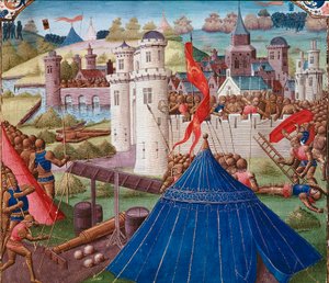 Taistelukohtaus Carthage-miniatyyrinä "" Rooman historiasta"" (Ad urbe condita), kirjoittaja Tite Live (59 eKr.-17 jKr) (Titus Livius), kääntäjä Pierre Bessuire 1450-1500 Chantilly, Musee Conde tekijältä Unknown artist