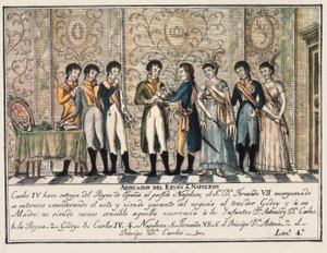 Bayonnen haastattelu vuonna 1808 Aranjuezin kapinan jälkeen, jolloin Espanjan kuningas Kaarle IV luopui kruunusta Napoleon I:lle ennen hänen poikaansa Ferdinand VII:tä (Fernando VII) tekijältä Unknown artist