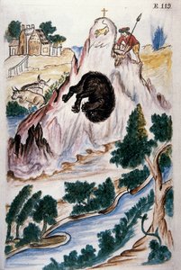 Karhunmetsästys, kirjasta "Trujillo of Peru" tai "Codex Martinez Companion", Balthazar Martinez Companion ja Bujanda, Trujillon piispa (1782-1785) tekijältä Unknown artist