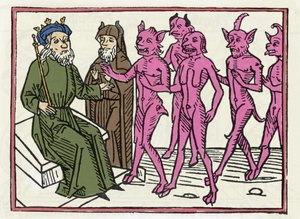 Belialin oikeudenkäynti: "Belial-demoni neljän muun demonin seurassa on tuomari Solomonin läsnä ollessa" "Kaiverrus Belialin oikeudenkäynnistä", kirjoittanut Jacobus de Teramo (tai Palladino), Ausburg tekijältä Unknown artist