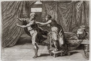 Royaumontin raamattu, Vanha testamentti: Joosefin siveys. Putifarin (Potifarin) vaimo pyysi Josephia ja laitettiin vankilaan. Kuvitus vuodelta 1811. tekijältä Unknown artist
