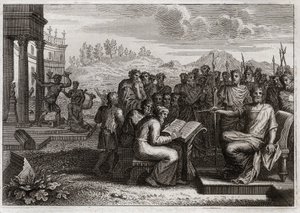 Royaumontin raamattu, Vanha testamentti: Piete of Josias. Juudan kuningas Josia palauttaa Jumalan palvonnan valtakuntaansa ja ohittaa kaikki edeltäjänsä kuninkaat. Kuvitus vuodelta 1811. tekijältä Unknown artist