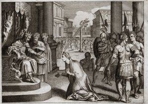 Royaumontin raamattu, Vanha testamentti: Amanin rangaistus. Assuerus I (Xerxes I) hirttää Amanin (Hamanin) hirsipuusta, jonka hän oli valmistanut Mardocheelle (tai Mordekhaille tai Mordekaille) ja peruuttaa kuolemanmuokkauksen, jonka hän oli julkaissut kok tekijältä Unknown artist