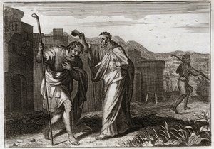 Royaumontin raamattu, Vanha testamentti: Saulin riitti. Samuel pyhitti Saulin Jumalan käskystä juutalaisten kuninkaaksi. Kuvitus vuodelta 1811. tekijältä Unknown artist