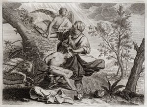 Royaumontin raamattu, Vanha testamentti: Abrahamin uhri. Enkeli pitää Abrahamia kädestä hänen poikansa Iisakin uhrin edessä. Vasemmalla uskovainen Abraham tappaa sen sijaan. Kuvitus vuodelta 1811. tekijältä Unknown artist