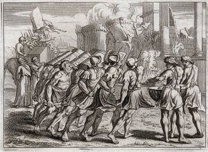 Royaumontin raamattu, Vanha testamentti: otettu Jerikosta. Jerikon muurit putoavat maahan Herran liitonarkkia edeltäneiden pappien trumpettien soidessa. Kuvitus vuodelta 1811. tekijältä Unknown artist
