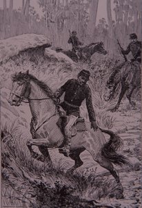 Mustat jäljittäjät jahtaavat bushrangeja Australiassa (kaiverrus) tekijältä Unknown artist