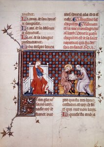 Blanche de Castille, Ranskan kuningatar (1188-1252), ohjasi poikansa Ludvig IX:n (1214-1270) koulutusta (Saint Louisin miniatyyri William of Saint Pathusin käsikirjoituksesta "Saint Louisin elämä ja ihmeet". 1320. Pariisi , B.N. tekijältä Unknown artist