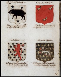 Blazons of Knights of the Round Table: 1. Brallain, ritari kahdella keinulla, 2. Norgalesin ritari, 3. Gallehault, 4. Lystenoisin amoraatti. sd. 1800-luvulla. tekijältä Unknown artist