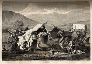 Boheemi leiri. Kaiverrus havainnollistamaan matkaa Kaukasuksen maakunnissa, Basile Vereschaguine, 1864-1865, julkaistu "" Le tour du monde, nouveau journal des voyages" -lehdessä, toimittanut Edouard Charton tekijältä Unknown artist